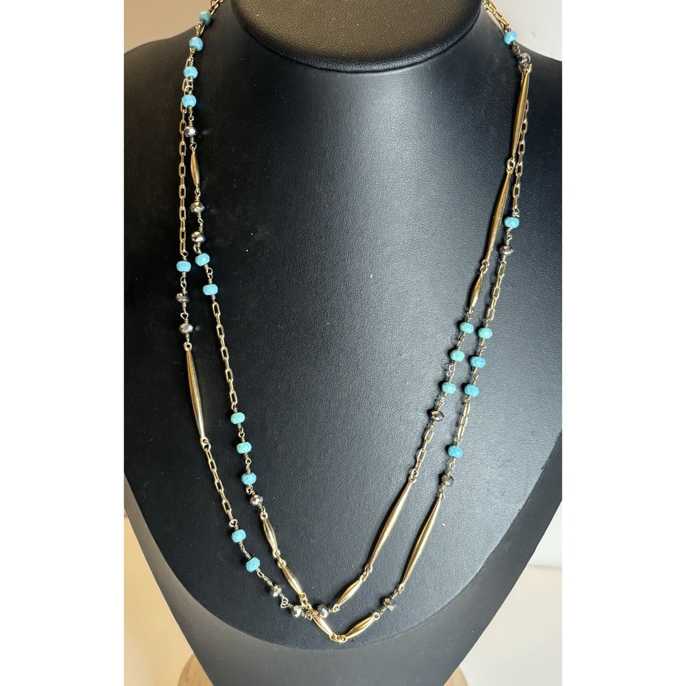 Stella & Dot Long Dainty Gold & Blue Necklace 42"